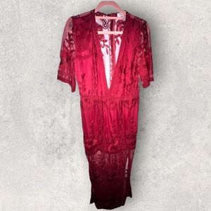 Beautiful Wine Colored Deep-Plunge Lace Romper (w/liner sheath)